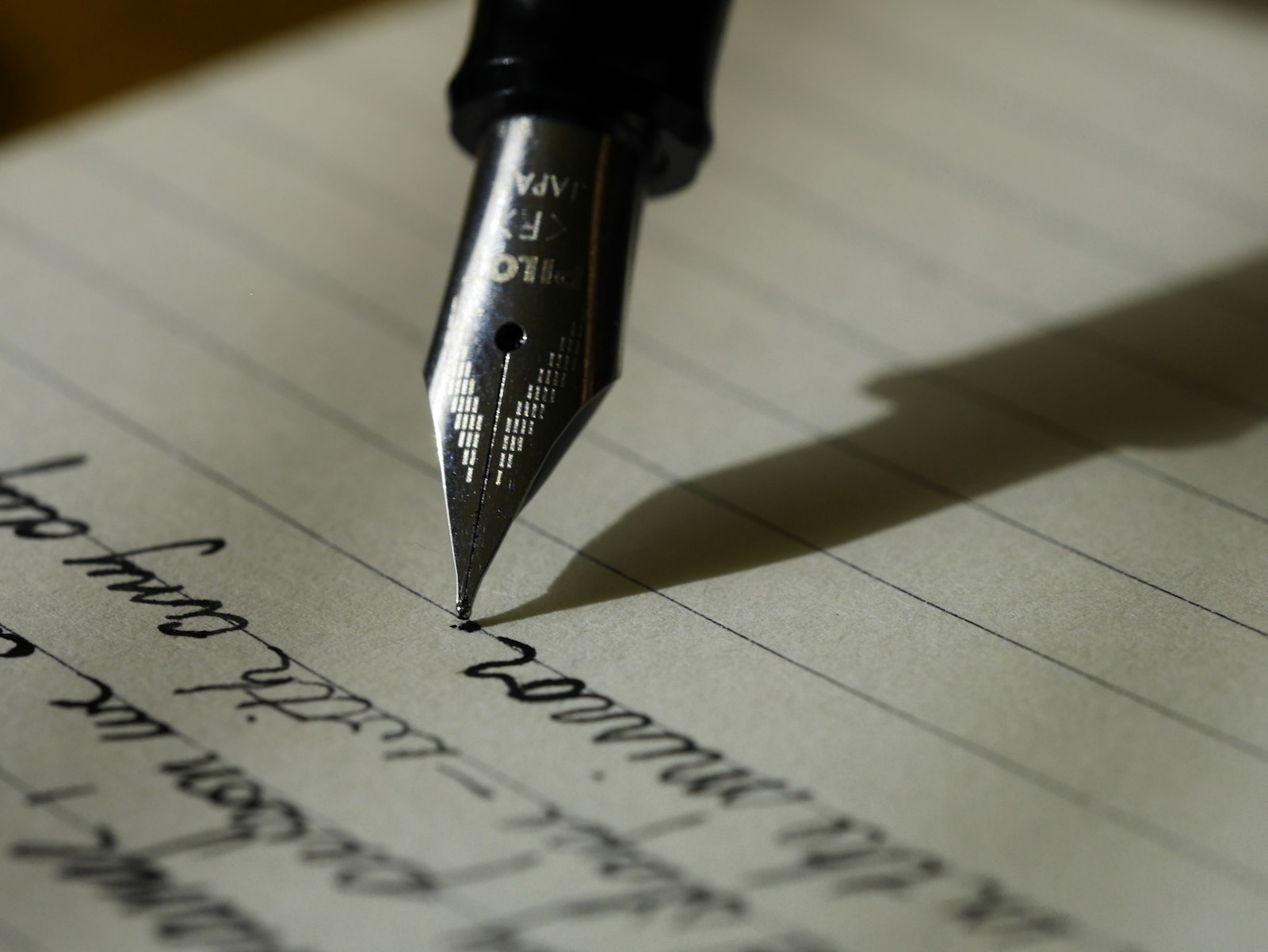 An open notebook with a pen resting across the page in warm natural light.