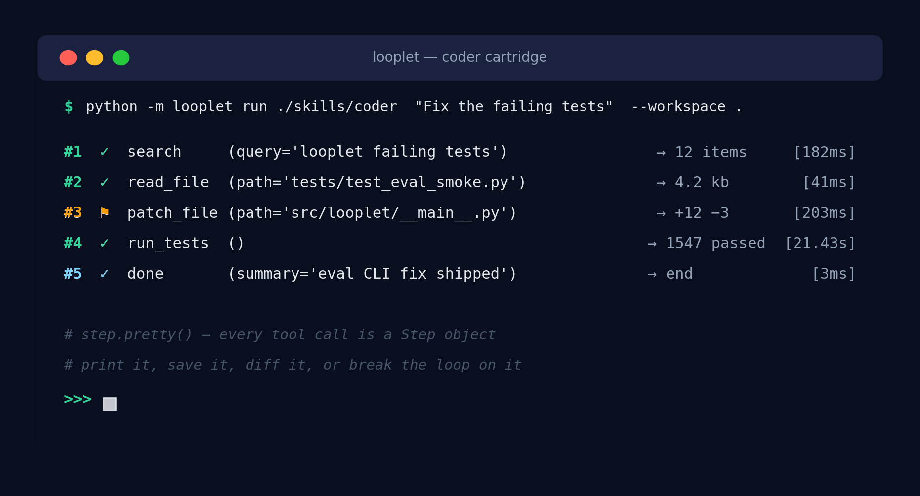 A faux-terminal trace showing step.pretty() output for each step of an agent run