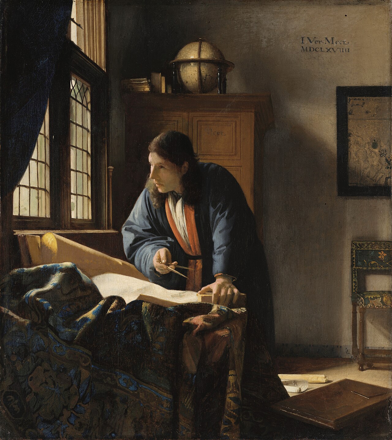 The Geographer by Johannes Vermeer, 1668. A scholar pauses mid-measurement, dividers in hand over a chart, a globe and wall map behind him as his references. Städel Museum, Frankfurt. Public domain.